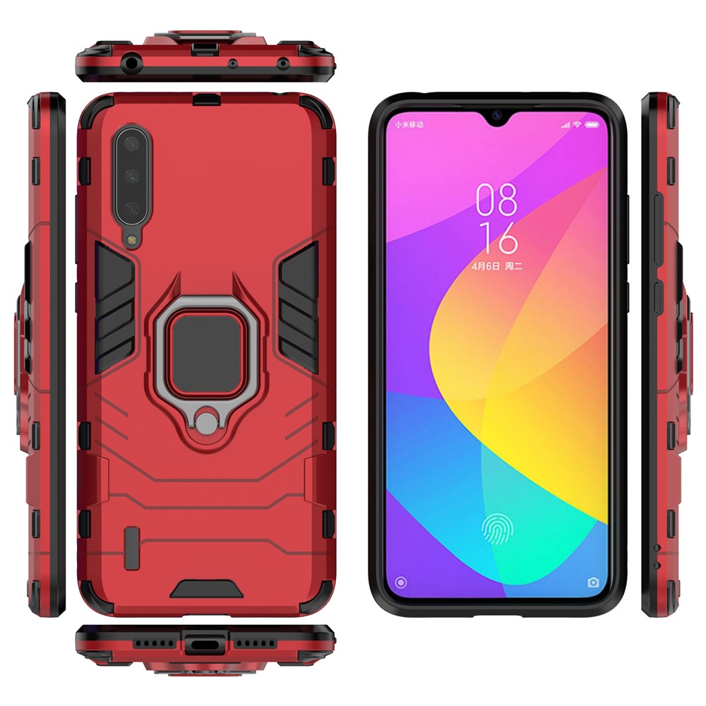 Cool Guard Ring Holder Kickstand Plastic TPU Combo Case Para Xiaomi Mi 9 Lite/ Mi CC9/ mi CC9 Meitu Edição - Vermelho