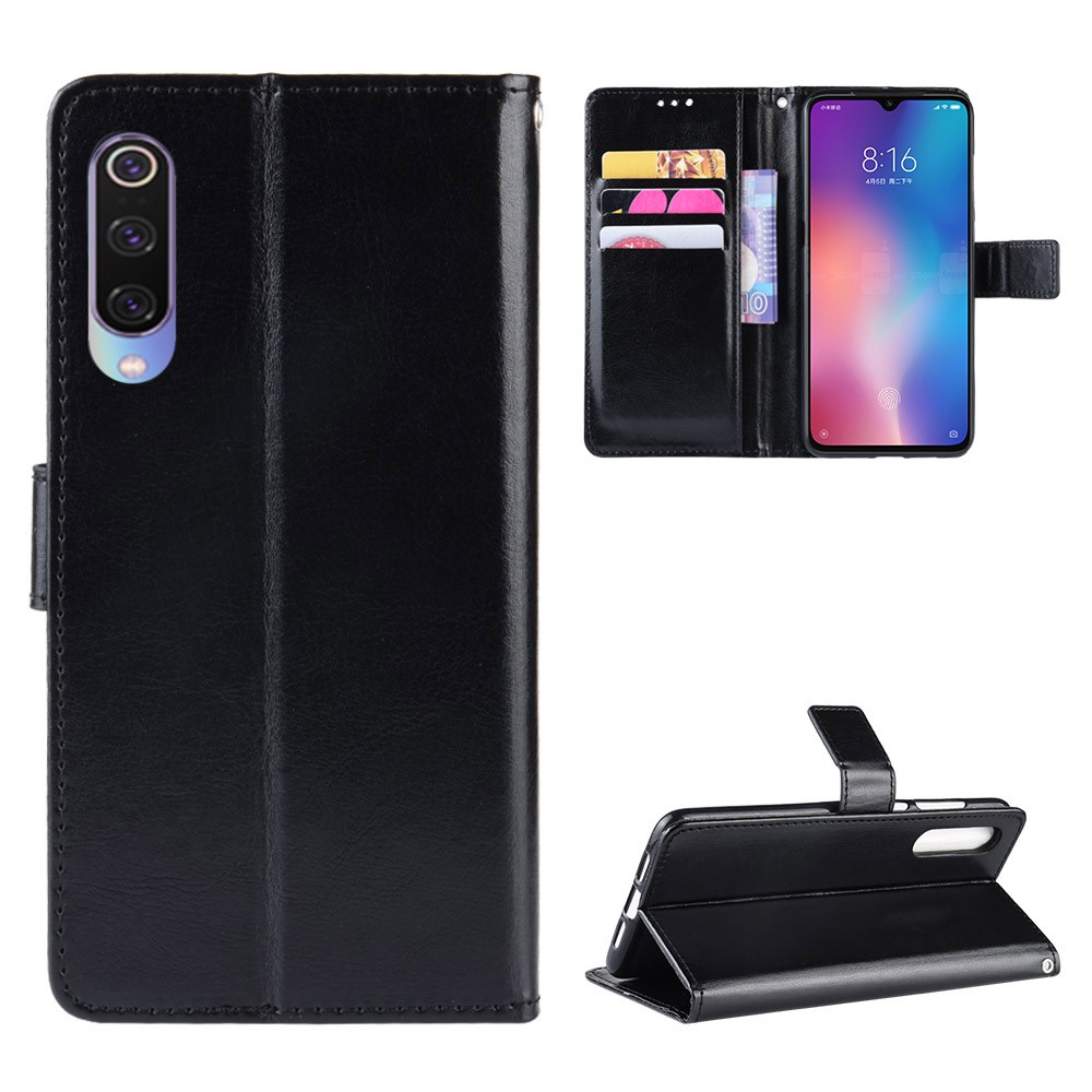 Crazy Horse Textur Wallet Leder Flip Hülle Mit Handband Telefongehäuse Für Xiaomi Mi CC9 / Mi CC9 Meitu Edition/ Mi 9 Lite - Schwarz