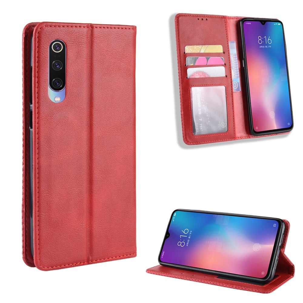 Vintage Style PU Leather Wallet Stand Phone Case for Xiaomi Mi CC9 / Mi CC9 Meitu Edition/ Mi 9 Lite - Red-1