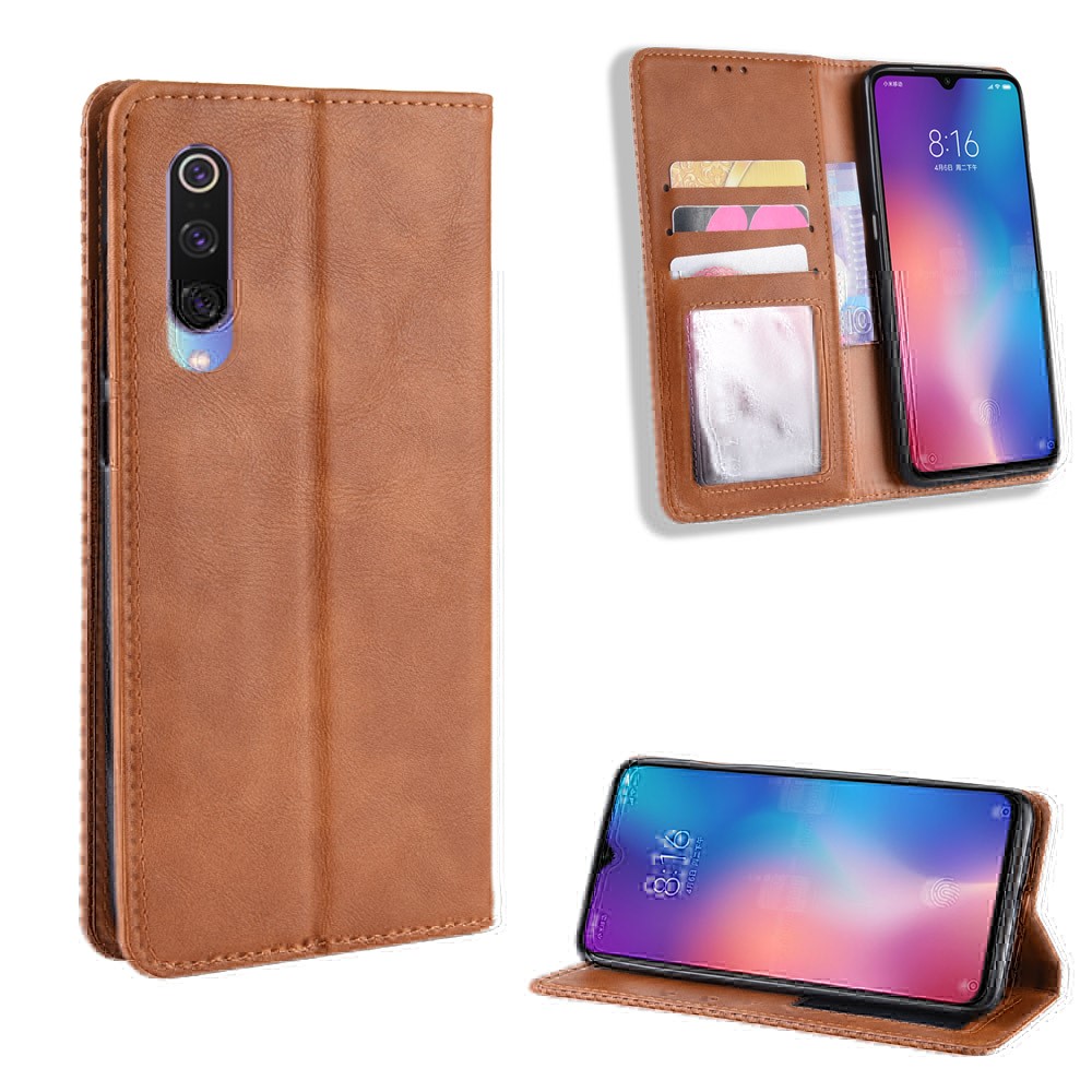 Vintage Style PU Leather Wallet Stand Phone Case for Xiaomi Mi CC9 / Mi CC9 Meitu Edition/ Mi 9 Lite - Brown-1
