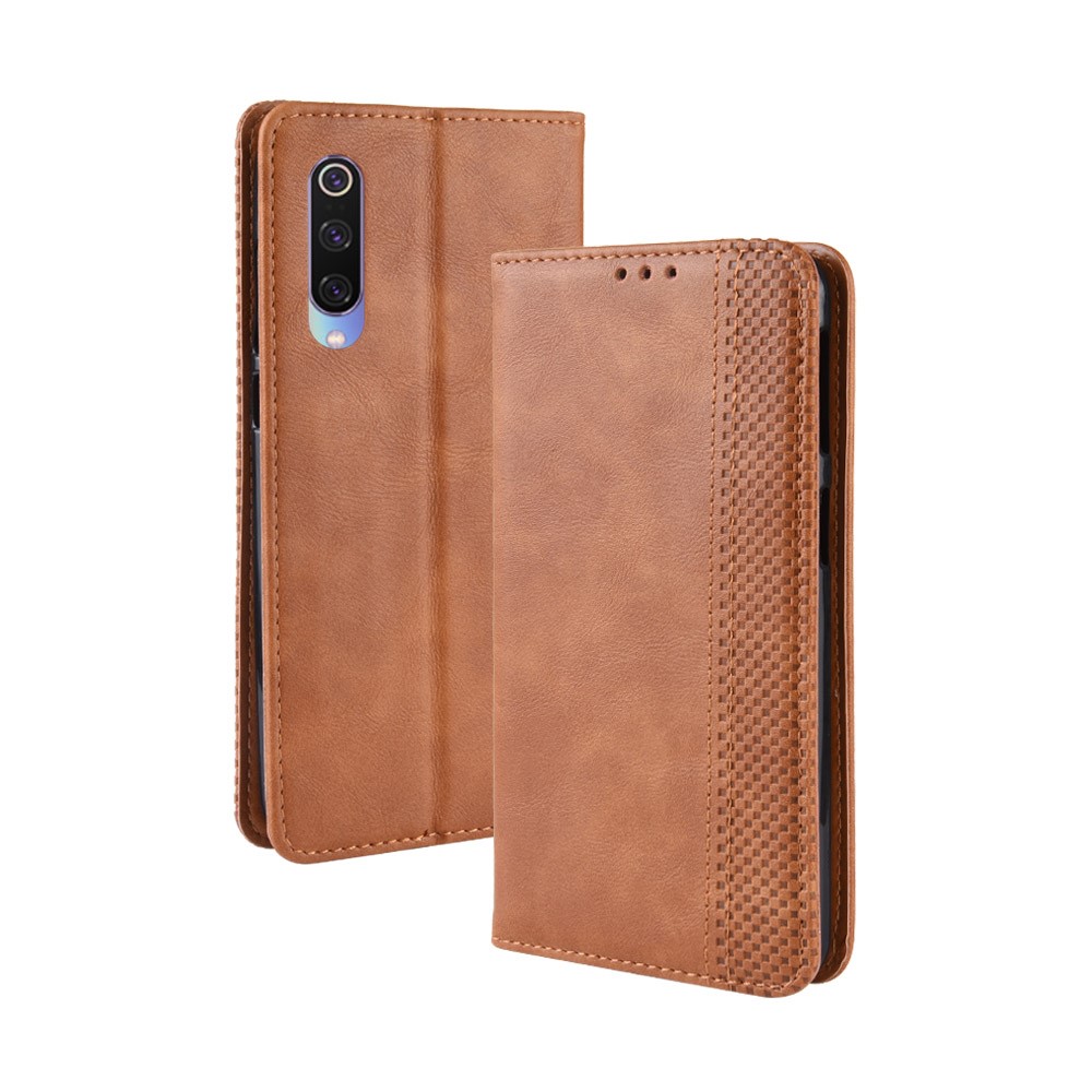 Étui de Téléphone de Porte-support en Cuir de Style Vintage Pour Xiaomi Mi Cc9 / mi CC9 Meitu Edition / Mi 9 Lite - Brun