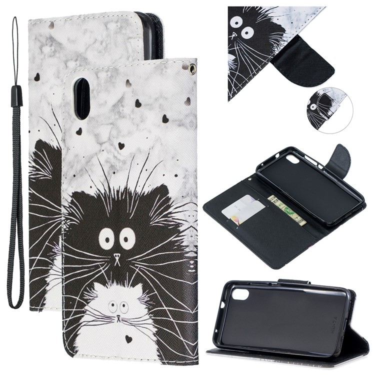 Leather Phone Shell with Strap Phone Shell for Xiaomi Redmi 7A - White Black Cats-1