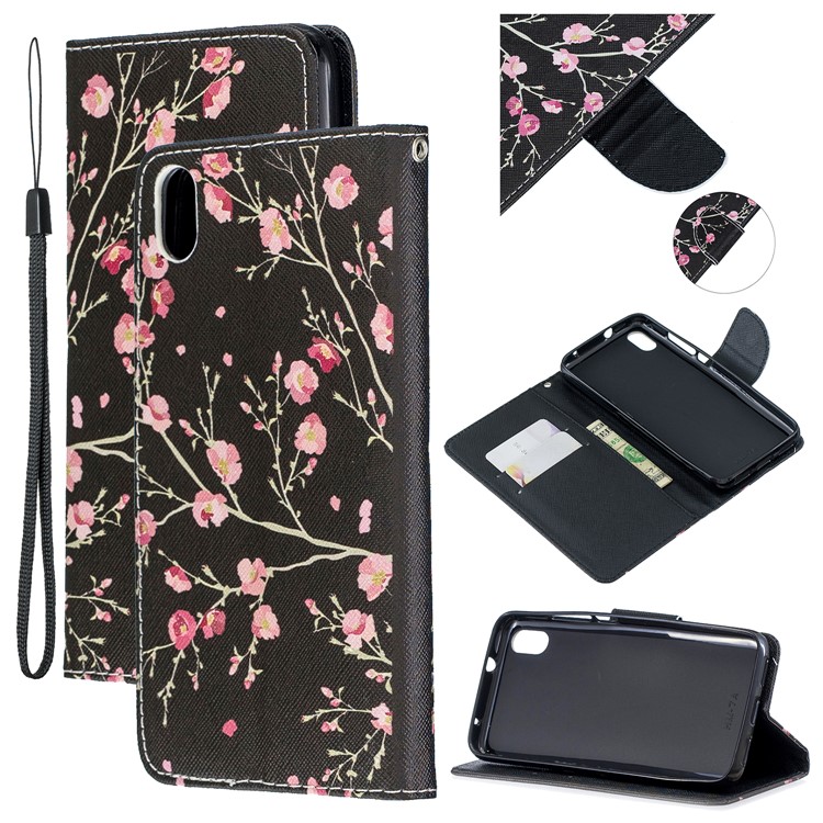 Leather Phone Shell with Strap Phone Shell for Xiaomi Redmi 7A - Black/Pink Flowers-1