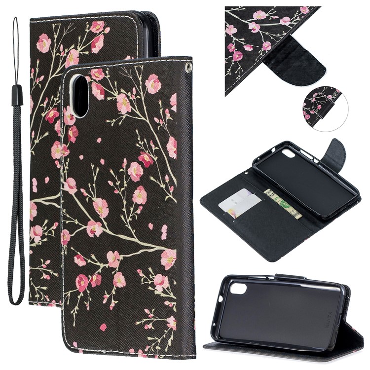 Concurne do Telefone de Couro Com Strap Telefone Shell Para Xiaomi Redmi 7a - Flores Pretas/rosa