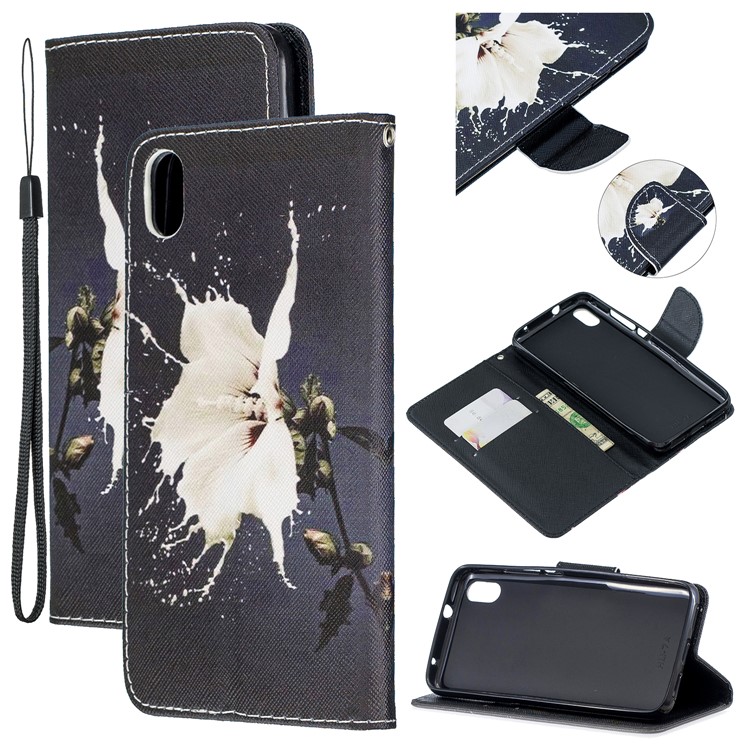 Leather Phone Shell with Strap Phone Shell for Xiaomi Redmi 7A - Black/White Flower-1