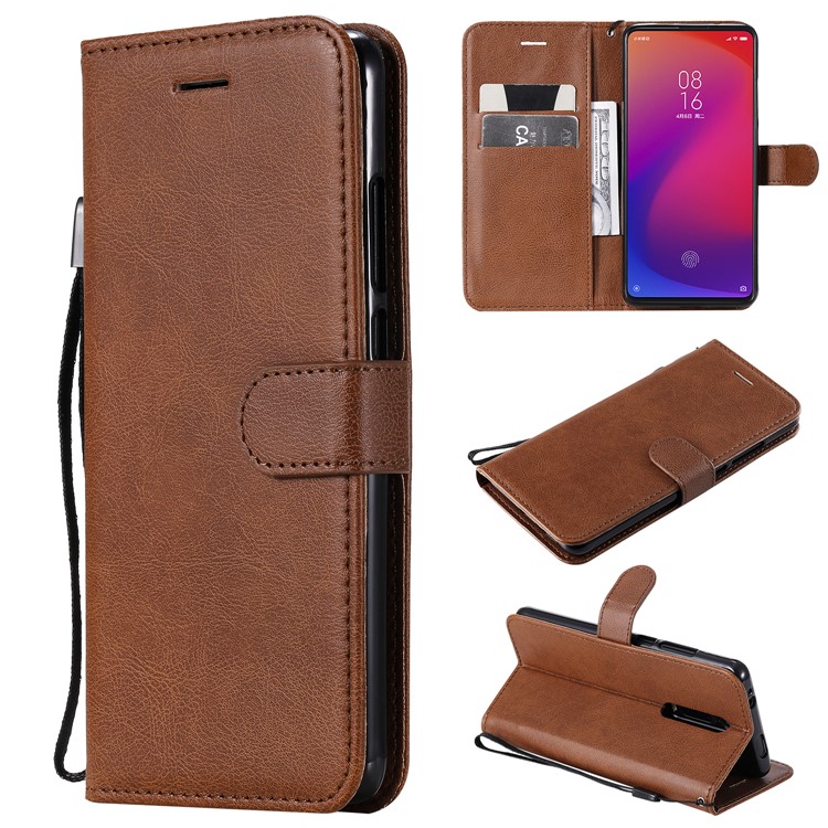 Solid Color Wallet Stand Leather Case for Xiaomi Redmi K20/K20 Pro - Brown-1