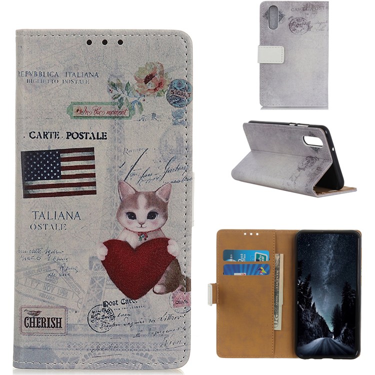 Pattern Printing PU Leather Wallet Phone Case for Xiaomi Mi CC9e/Mi A3 - Cat Holding Heart-1