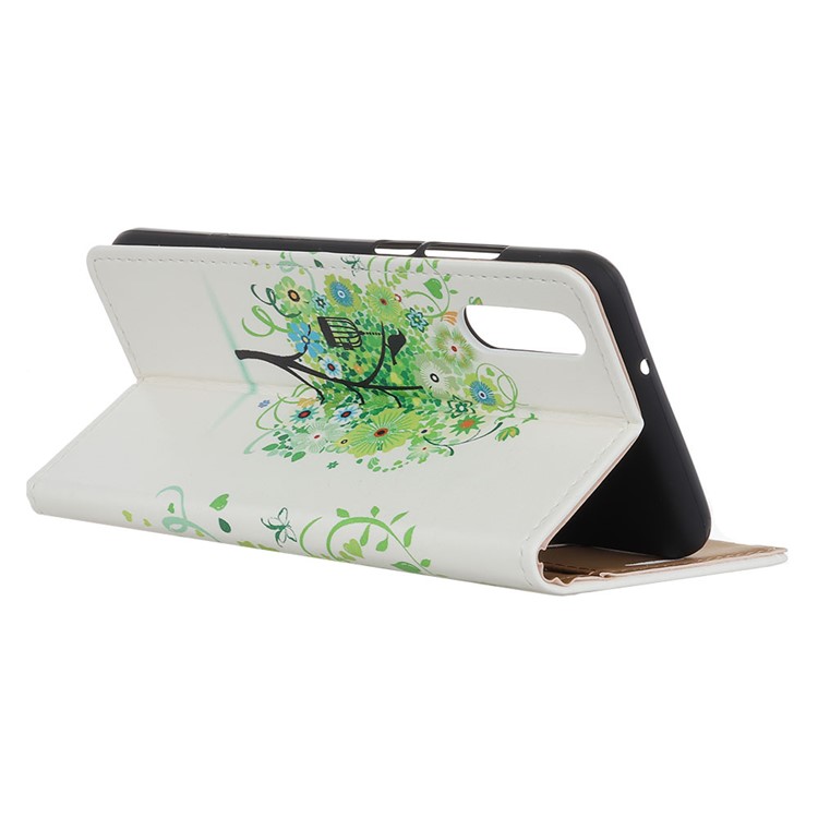 Pattern Printing PU Leather Wallet Phone Case for Xiaomi Mi CC9e/Mi A3 - Green Tree with Bird Cage-3