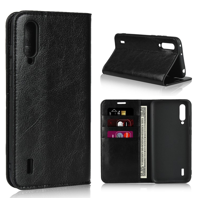 Crazy Horse Genuine Leather Wallet Stand Phone Case for Xiaomi Mi CC9 / Mi CC9 Meitu Edition/ Mi 9 Lite - Black-1