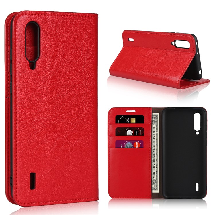 Crazy Horse Genuine Leather Wallet Stand Phone Case for Xiaomi Mi CC9 / Mi CC9 Meitu Edition/ Mi 9 Lite - Red-1