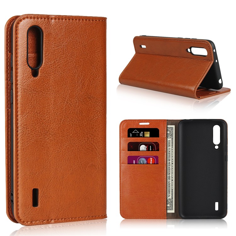 Crazy Horse Genuine Leather Wallet Stand Phone Case for Xiaomi Mi CC9 / Mi CC9 Meitu Edition/ Mi 9 Lite - Light Brown-1