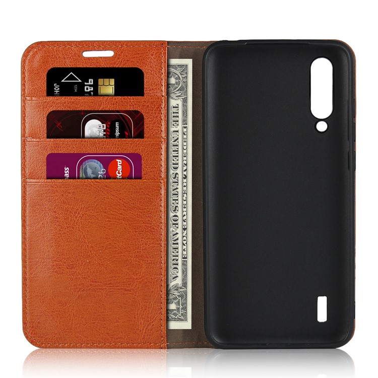Crazy Horse Genuine Leather Wallet Stand Phone Case for Xiaomi Mi CC9 / Mi CC9 Meitu Edition/ Mi 9 Lite - Light Brown-4
