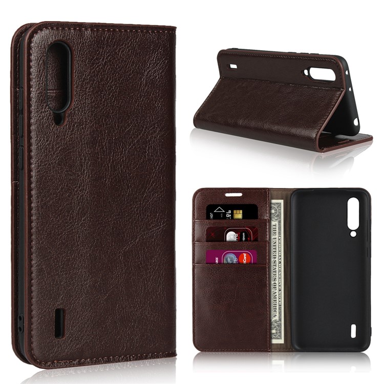 Crazy Horse Genuine Leather Wallet Stand Phone Case for Xiaomi Mi CC9 / Mi CC9 Meitu Edition/ Mi 9 Lite - Dark Brown-1