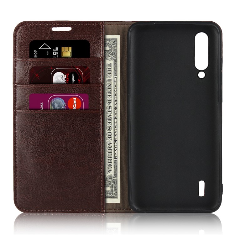 Crazy Horse Genuine Leather Wallet Stand Phone Case for Xiaomi Mi CC9 / Mi CC9 Meitu Edition/ Mi 9 Lite - Dark Brown-4