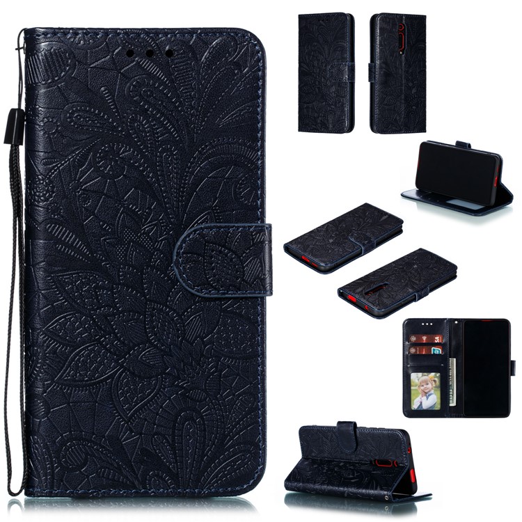 Imprinted Lace Flower Texture Leather Wallet Stand Casing Shell for Xiaomi Redmi K20 / Mi 9T / K20 Pro / Mi 9T Pro - Dark Blue
