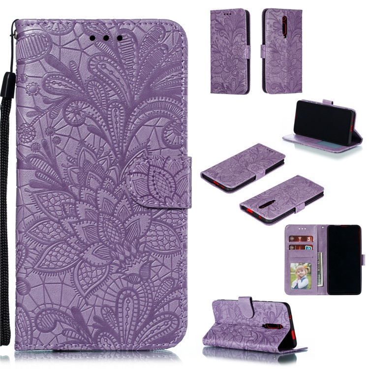 Imprinted Lace Flower Texture Leather Wallet Stand Casing Shell for Xiaomi Redmi K20 / Mi 9T / K20 Pro / Mi 9T Pro - Purple-1