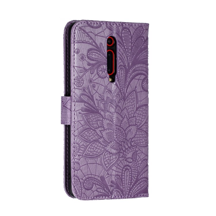 Imprinted Lace Flower Texture Leather Wallet Stand Casing Shell for Xiaomi Redmi K20 / Mi 9T / K20 Pro / Mi 9T Pro - Purple-4