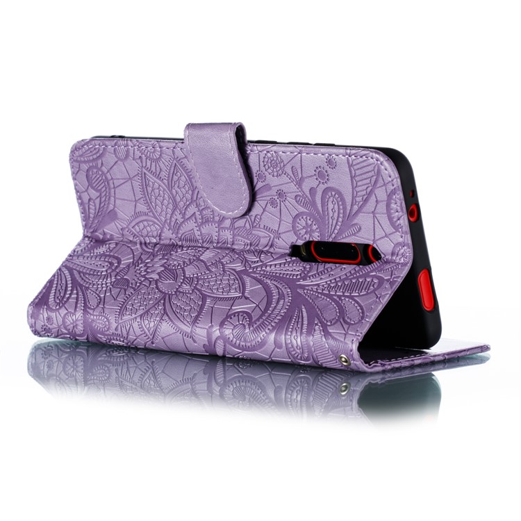 Imprinted Lace Flower Texture Leather Wallet Stand Casing Shell for Xiaomi Redmi K20 / Mi 9T / K20 Pro / Mi 9T Pro - Purple-6