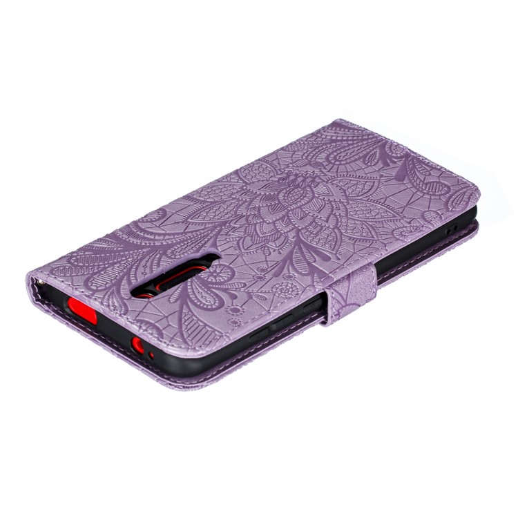 Imprinted Lace Flower Texture Leather Wallet Stand Casing Shell for Xiaomi Redmi K20 / Mi 9T / K20 Pro / Mi 9T Pro - Purple-9