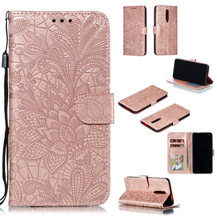 Imprinted Lace Flower Texture Leather Wallet Stand Casing Shell for Xiaomi Redmi K20 / Mi 9T / K20 Pro / Mi 9T Pro - Rose Gold-1