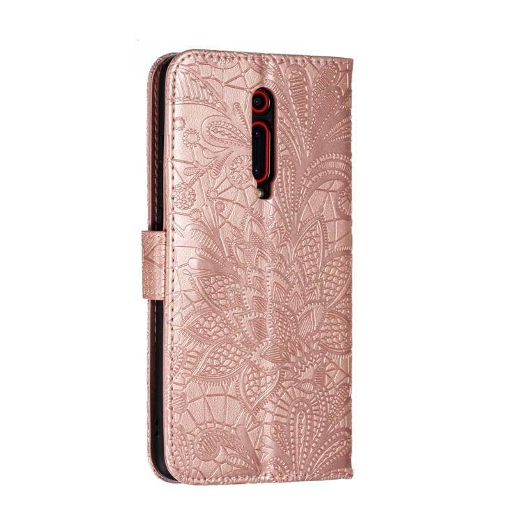 Imprinted Lace Flower Texture Leather Wallet Stand Casing Shell for Xiaomi Redmi K20 / Mi 9T / K20 Pro / Mi 9T Pro - Rose Gold-4