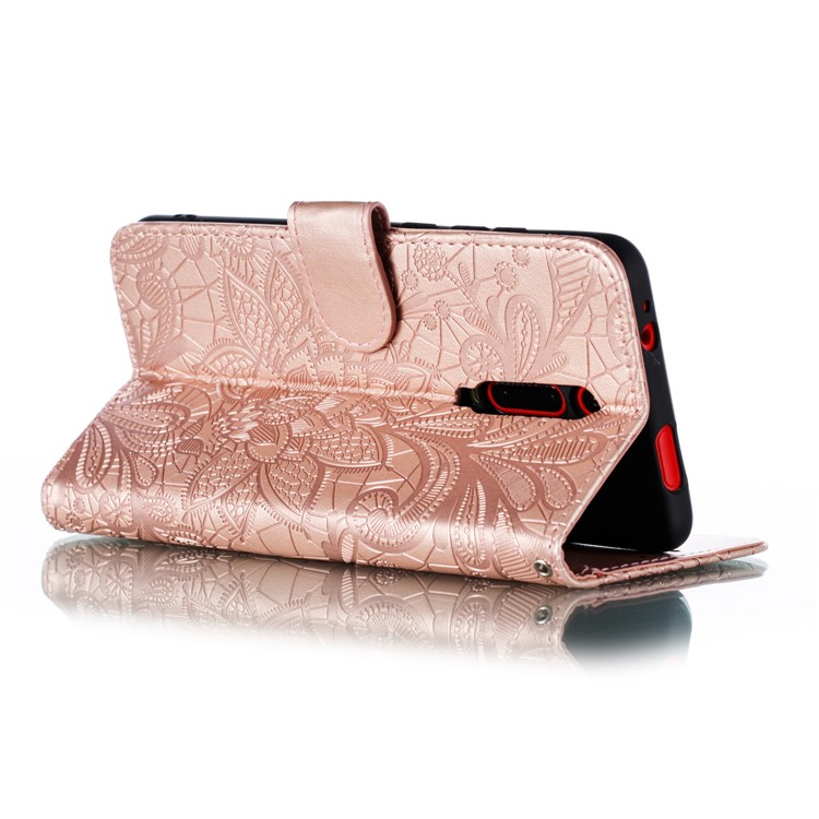 Imprinted Lace Flower Texture Leather Wallet Stand Casing Shell for Xiaomi Redmi K20 / Mi 9T / K20 Pro / Mi 9T Pro - Rose Gold-6