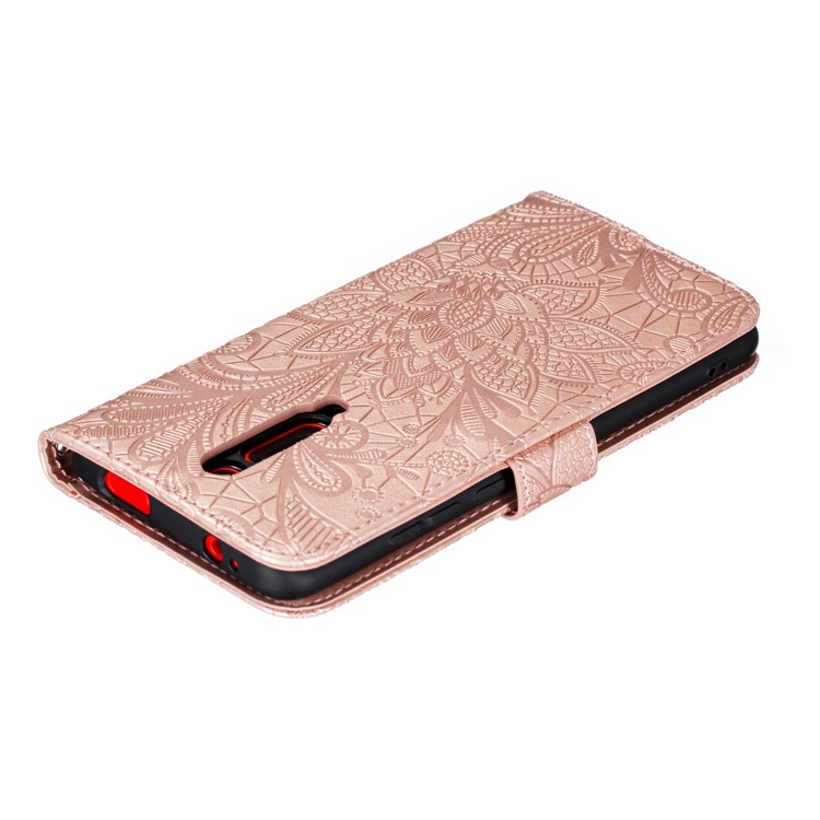 Imprinted Lace Flower Texture Leather Wallet Stand Casing Shell for Xiaomi Redmi K20 / Mi 9T / K20 Pro / Mi 9T Pro - Rose Gold-9