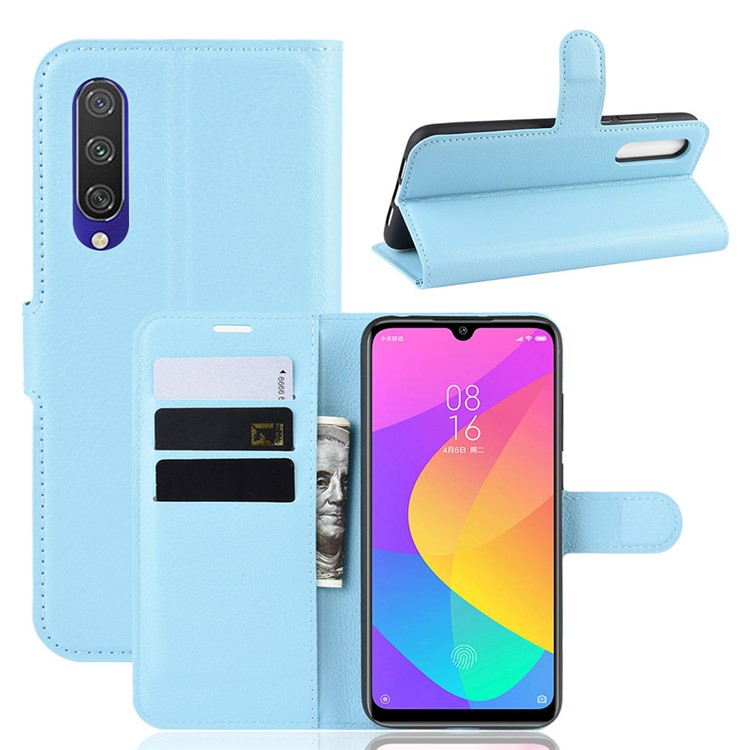 Litchi Skin Leather Wallet Stand Cell Phone Case for Xiaomi Mi CC9e/Mi A3 - Blue-1