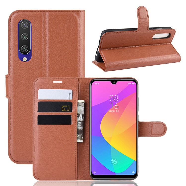 Litchi Skin Leather Wallet Stand Cell Phone Case for Xiaomi Mi CC9e/Mi A3 - Brown-1