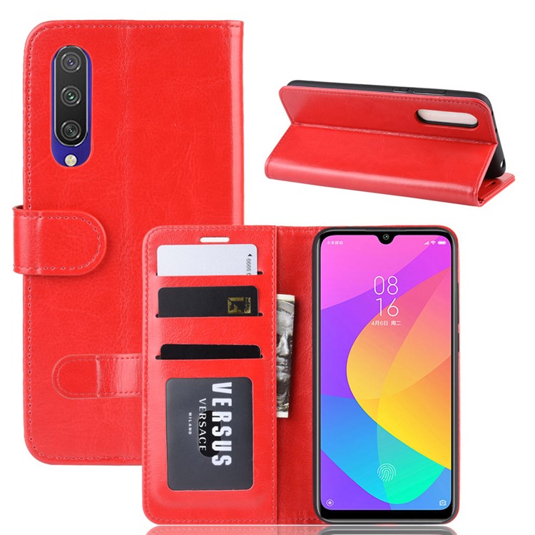 Crazy Horse Leather Wallet Stand Phone Case for Xiaomi Mi CC9e / Mi A3 - Red-1