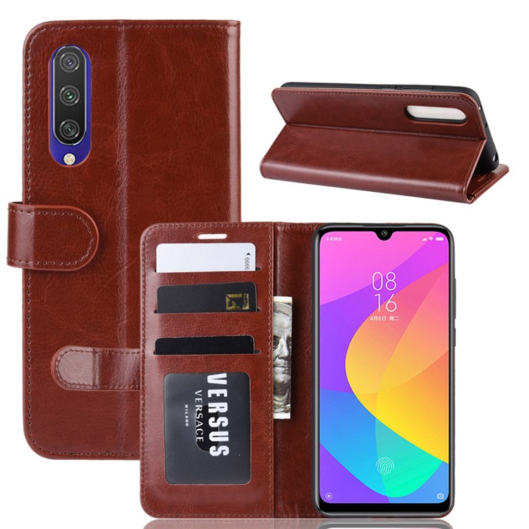 Crazy Horse Leather Wallet Stand Phone Case for Xiaomi Mi CC9e / Mi A3 - Brown-1