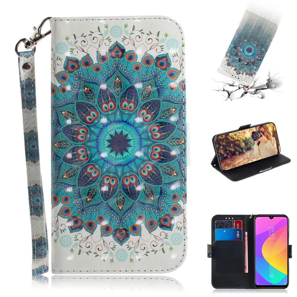 Padrão de Decoração de Ponto Leve Tampa da Capa de Telefone de Couro Para Xiaomi Mi Cc9e / Mi A3 - Flor-azul