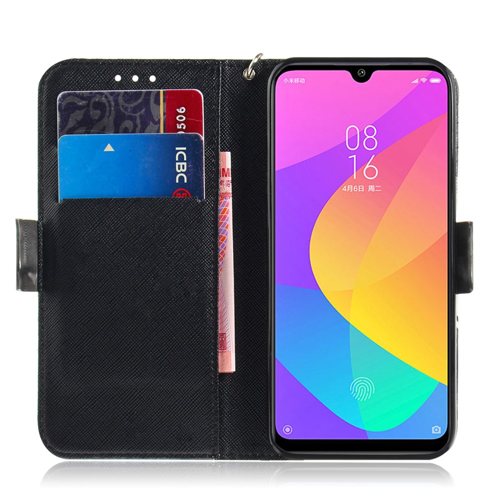 Modèle de Décoration de Spot Léger Portefeuille Support en Cuir de Protection en Cuir Couvercle du Boîtier de Téléphone Pour Xiaomi Mi Cc9e / mi A3 - Fleur Bleue