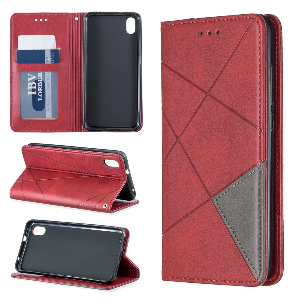 Estojo De Titular De Cartão De Padrão Geométrico De Couro Para Xiaomi Redmi 7a - Vermelho-1