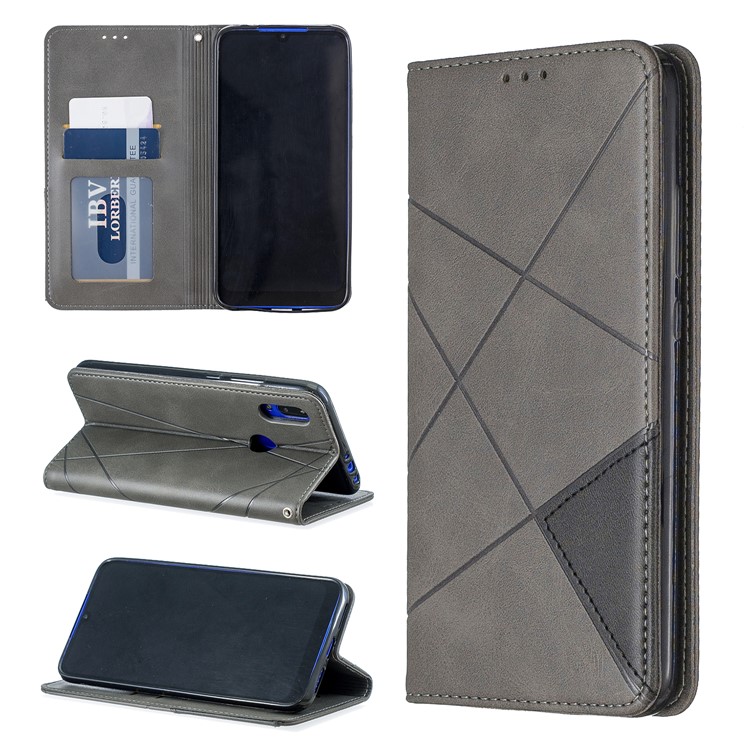 Funda De Cuero Con Patrón Geométrico Para Xiaomi Redmi 7 / Redmi Y3 - Gris-1