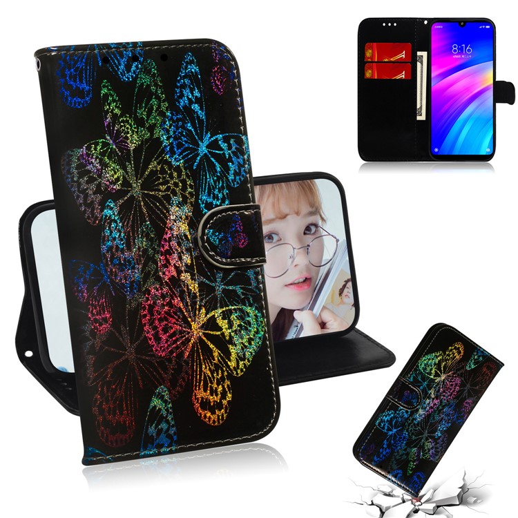 Pattern Printing Wallet Stand Flip Leather Case for Xiaomi Redmi 7/Y3 - Colorful Butterflies-1