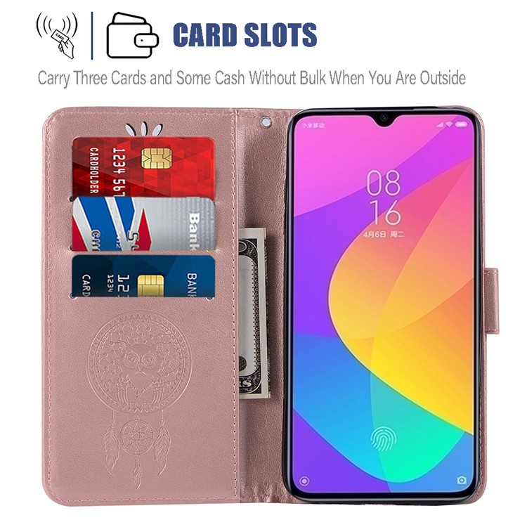 Imprinted Dream Catcher Owl Leather Wallet Case for Xiaomi Mi CC9/Mi A3 Lite - Pink-6