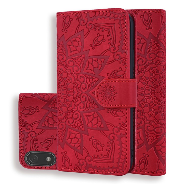 Imprint Mandala Flower Stand Wallet Leather Case Shell Cover for Xiaomi Redmi 7A - Red-1