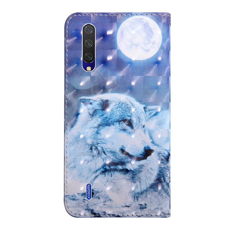 Printing Style Light Spot Decor Leather Wallet Phone Cover for Xiaomi Mi CC9e / Mi A3 - Moon and Wolf-3