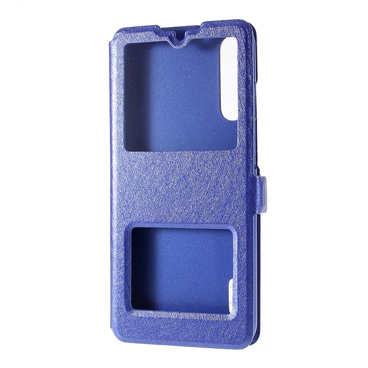 Silk Texture Dual Window Leather Stand Case for Xiaomi Mi CC9e / Mi A3 - Blue-4