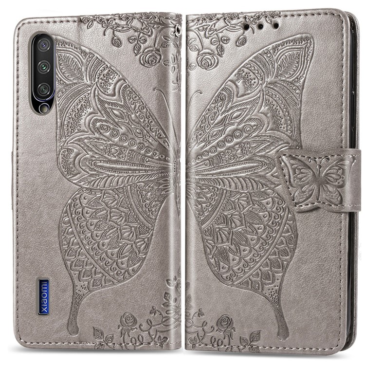 Imprint Butterfly Leather Wallet Phone Cover for Xiaomi Mi CC9e/Mi A3 - Grey-1