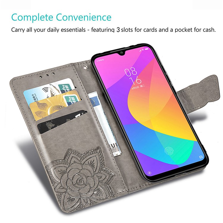 Imprint Butterfly Leather Wallet Phone Cover for Xiaomi Mi CC9e/Mi A3 - Grey-11