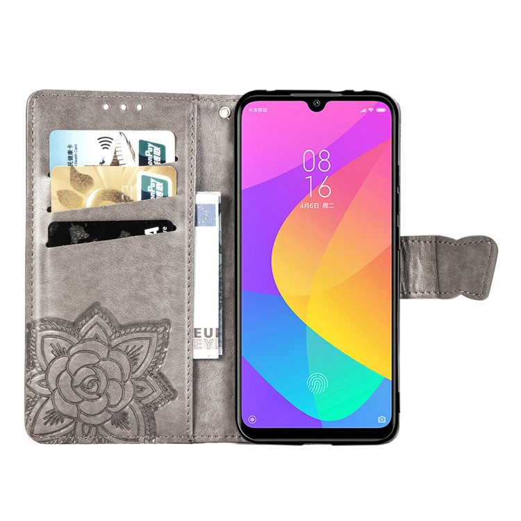 Imprint Butterfly Leather Wallet Phone Cover for Xiaomi Mi CC9e/Mi A3 - Grey-4