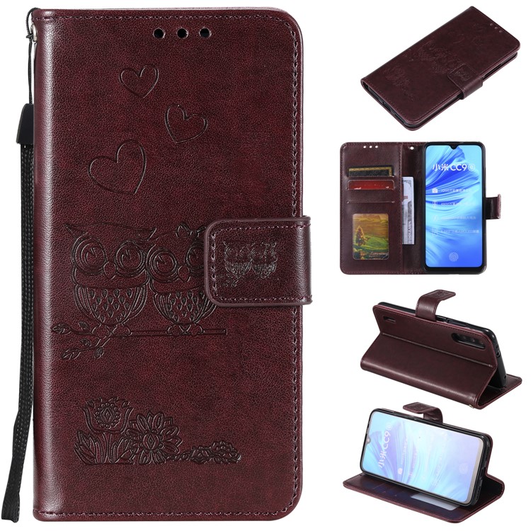 Imprint Owls Pattern Wallet Stand Leather Protective Case for Xiaomi Mi CC9e/Mi A3 - Brown-1