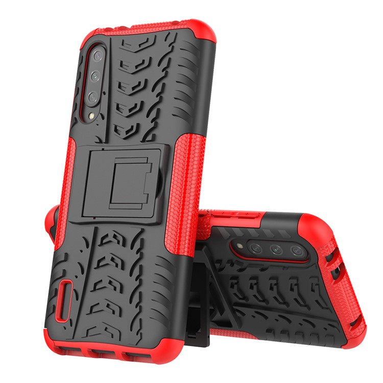 Patro de Neumáticos Cool PC + TPU Híbrido Case de Teléfono Con Kickstand Para Xiaomi Mi Cc9e/mi A3 - Negro / Rojo