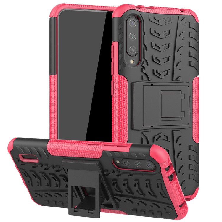 Patro de Neumáticos Cool PC + TPU Híbrido Case de Teléfono Con Kickstand Para Xiaomi Mi Cc9e/mi A3 - Negro / Rosa