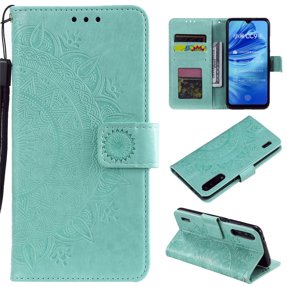 Imprint Flower Leather Wallet Case for Xiaomi Mi CC9e / Mi A3 - Cyan-1