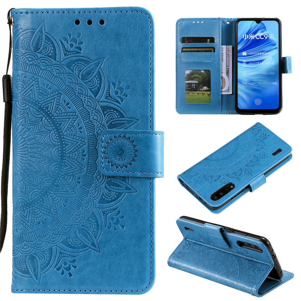Imprint Flower Leather Wallet Case for Xiaomi Mi CC9e / Mi A3 - Blue-1