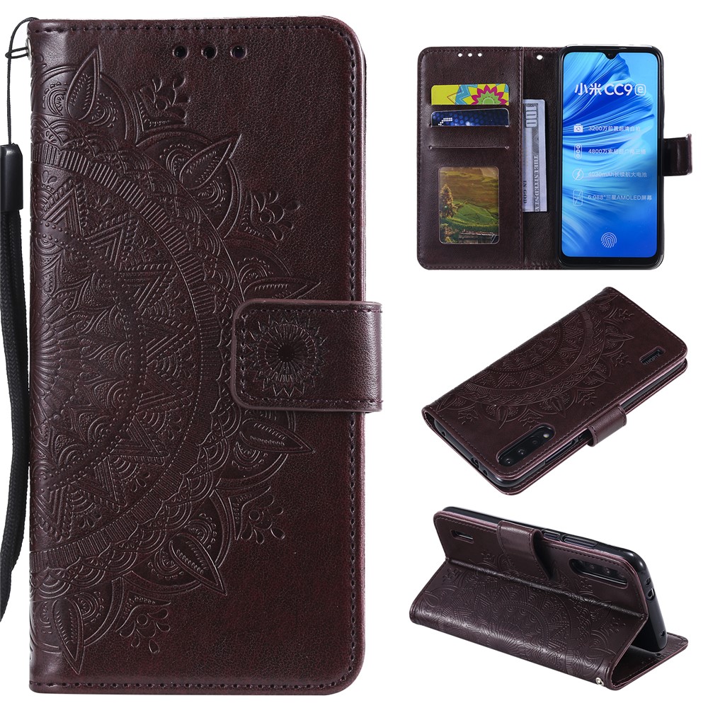Imprint Flower Leather Wallet Case for Xiaomi Mi CC9e / Mi A3 - Brown-1