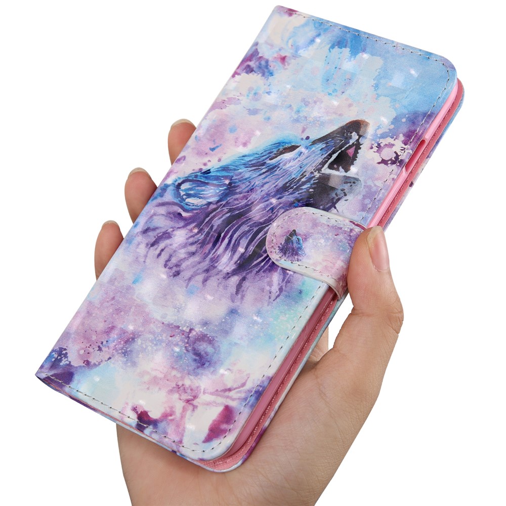 Decoração de Ponto Leve Case de Carteira de Couro Estampada Para Xiaomi Redmi Nota 8 - Lobo Uivando